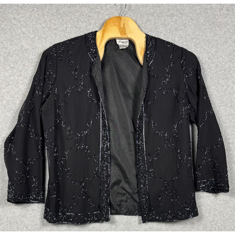 Vintage JMD Evening Jacket Womens 1X Black Beaded Sheer Open Front Jacket Formal
